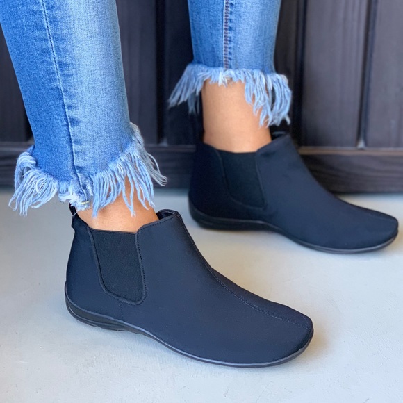 Buckle Shoes - Black Stretch Fabric Comfort Wide Fit Ankle Bootie